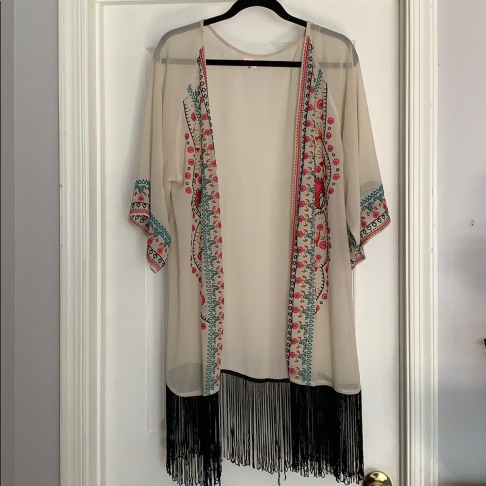 Sheer Fringe Embroidered Kimono